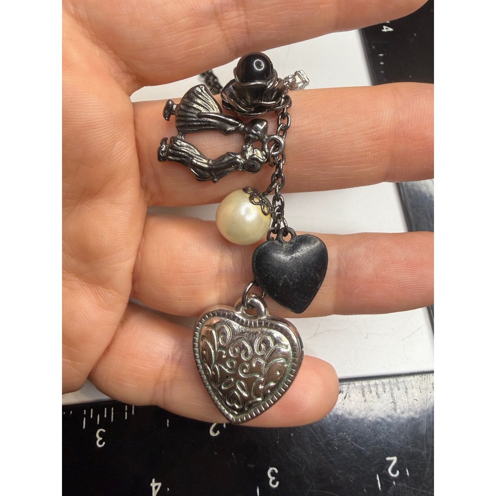 Gunmetal Multi Charm Necklace Heart Pearl Rose Girl Victorian Gothic Romantic